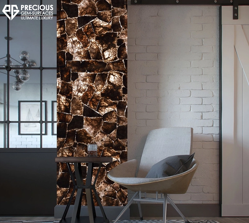 Dark Smoky Quartz Precious Stone Slab in a custom furniture piece